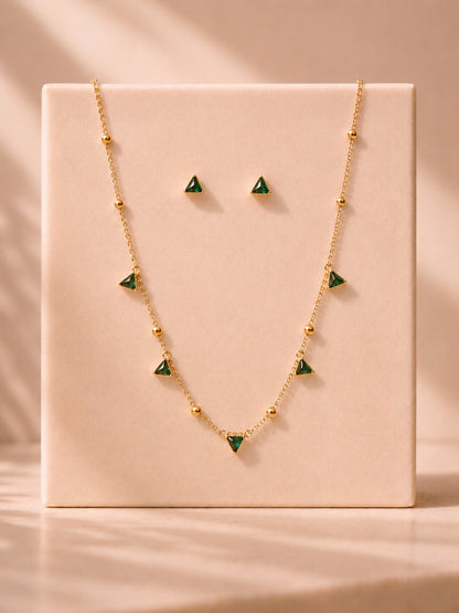 Emerald CZ Triangle Beaded Necklace & Earrings Set in 18K Gold