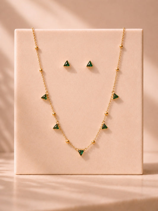 Emerald CZ Triangle Beaded Necklace & Earrings Set in 18K Gold
