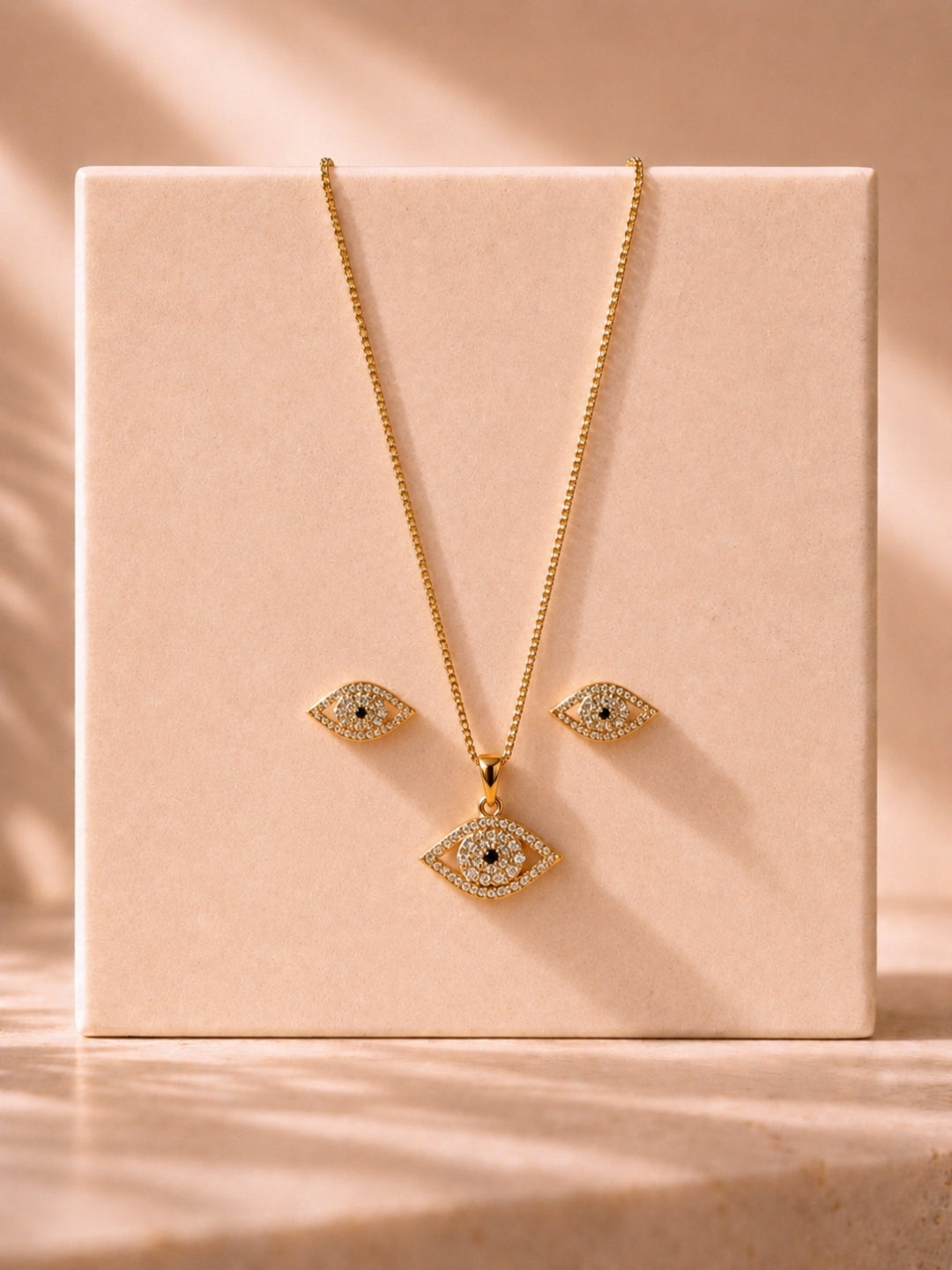 Evil Eye CZ Gold Plated Necklace & Stud Earrings Set for Women