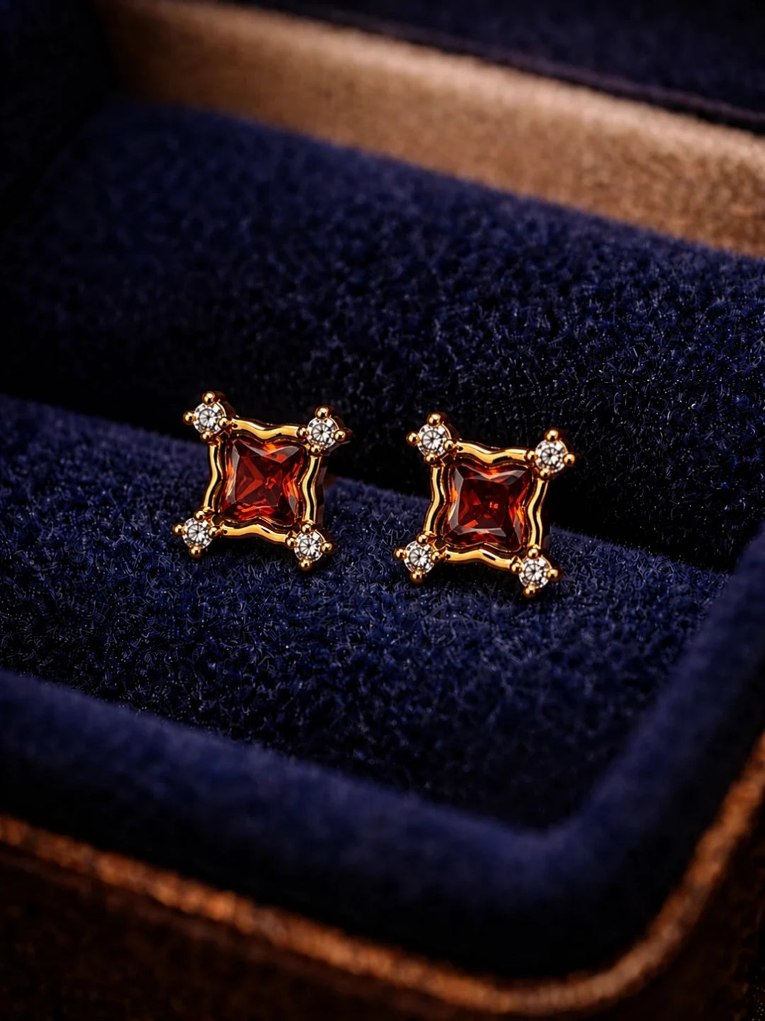 Red CZ Square Stud Earrings in 18K Gold Plated Stainless Steel