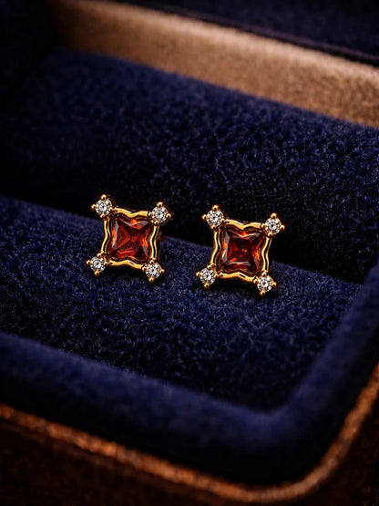 Red CZ Square Stud Earrings in 18K Gold Plated Stainless Steel