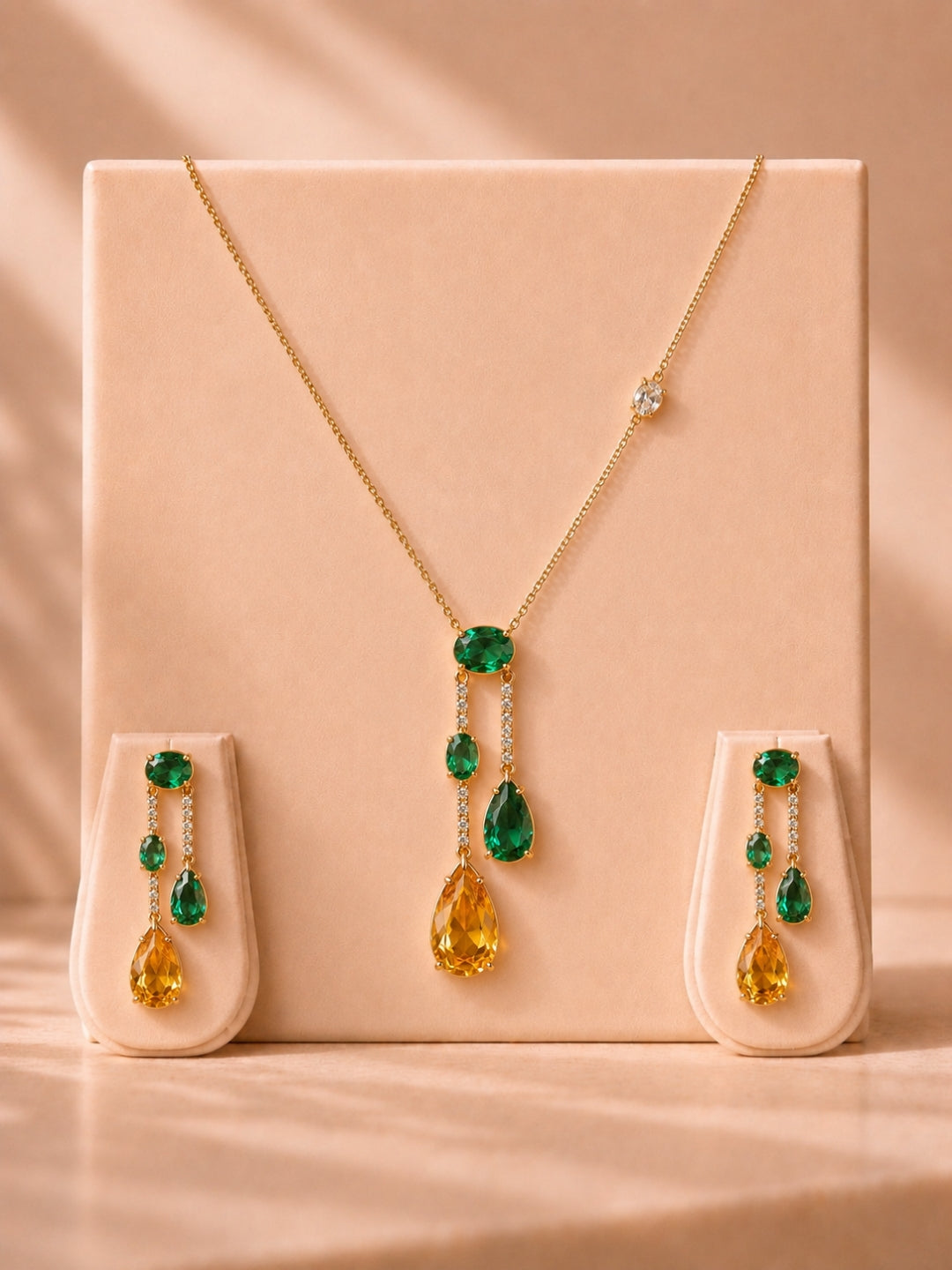 Emerald & Sapphire CZ Drop Jewelry Set | 18K Gold Plating