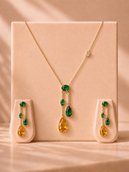 Emerald & Sapphire CZ Drop Jewelry Set | 18K Gold Plating