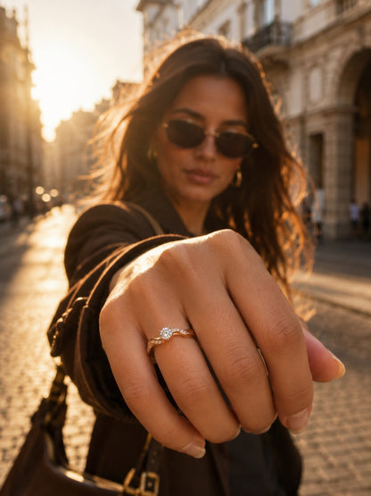 Single Solitaire Curve Studded Ring – 18K Rose Gold CZ Ring