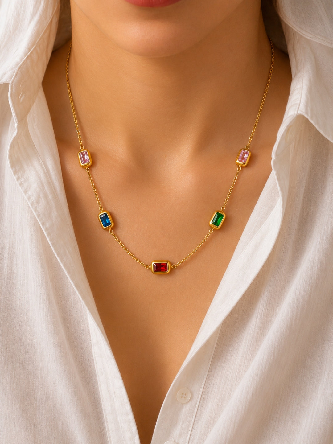 Multi Rectangle Beaded Gold Necklace | CZ Chain Neckpiece