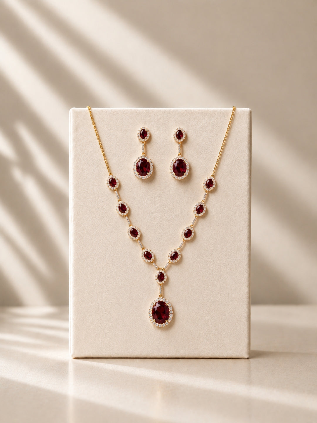 Maroon Classic Drop Necklace Set | 18K Gold CZ Jewelry Se