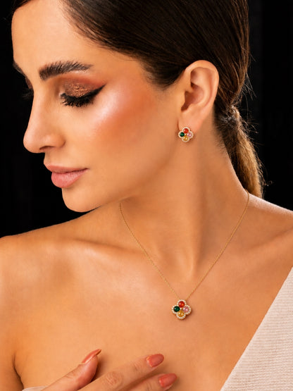 Multicolor Clover CZ Jewelry Set – 18K Gold Plated Necklace & Earrings