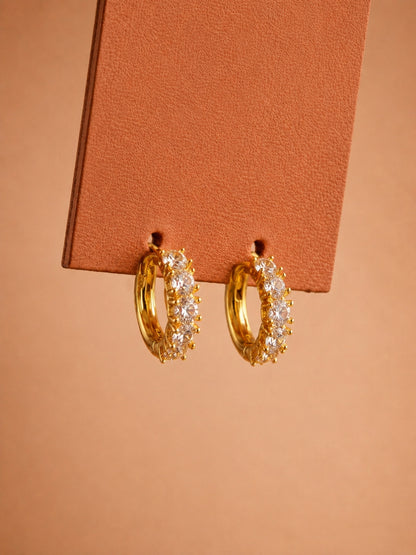 Solitaire CZ Studded Gold Hoops | 18K Gold Plated Small Earrings