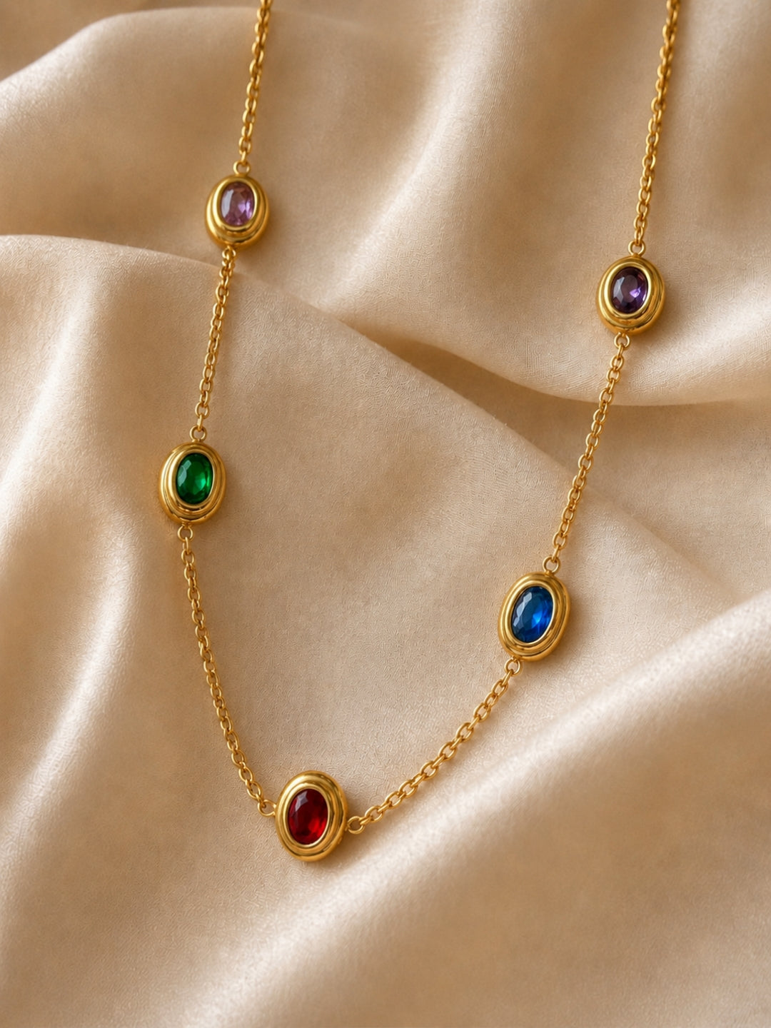 Multi Oval Beaded CZ Gold Necklace | Waterproof Layered Neckpiece