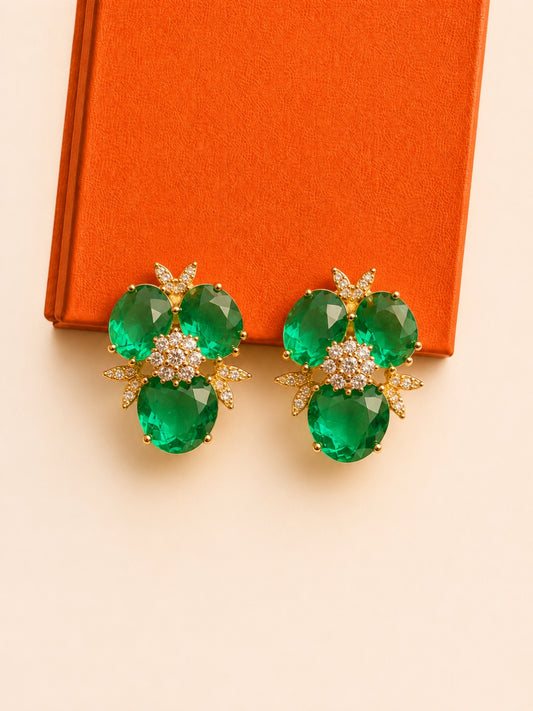 Emerald Floral CZ Stud Earrings | 18K Gold Plated Stainless Steel