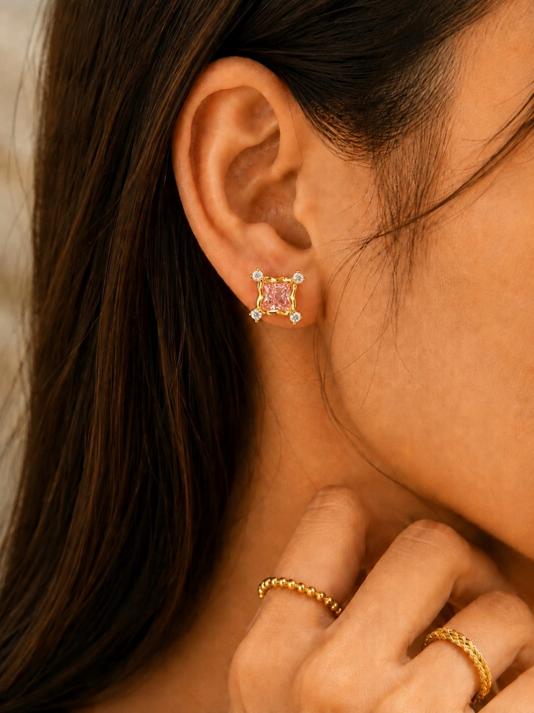 Pink CZ Square Stud Earrings in 18K Gold Plated Stainless Steel