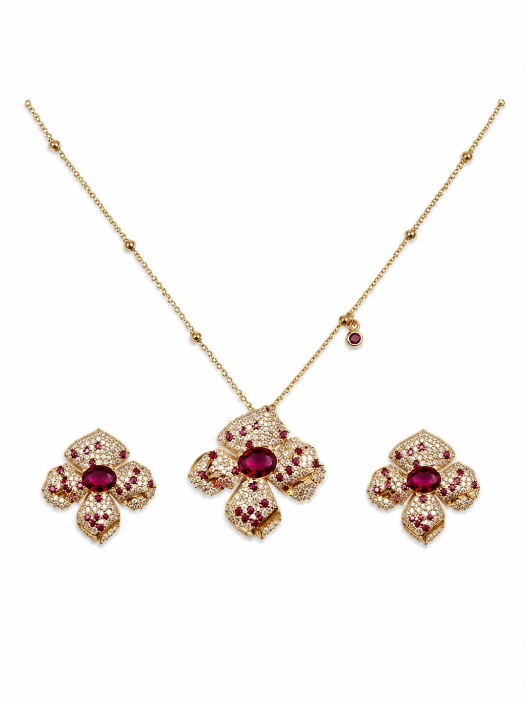 Ruby Studded Sculptural Floral CZ Necklace Set | 18K Gold Plated