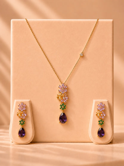 Purple Floral Drop Necklace & Earrings Set | 18K Gold Plated CZ