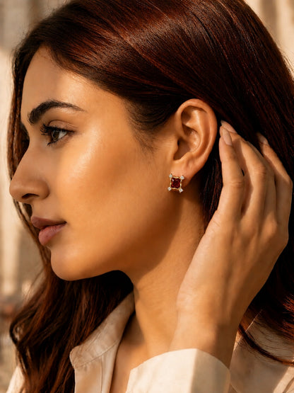 Red CZ Square Stud Earrings in 18K Gold Plated Stainless Steel