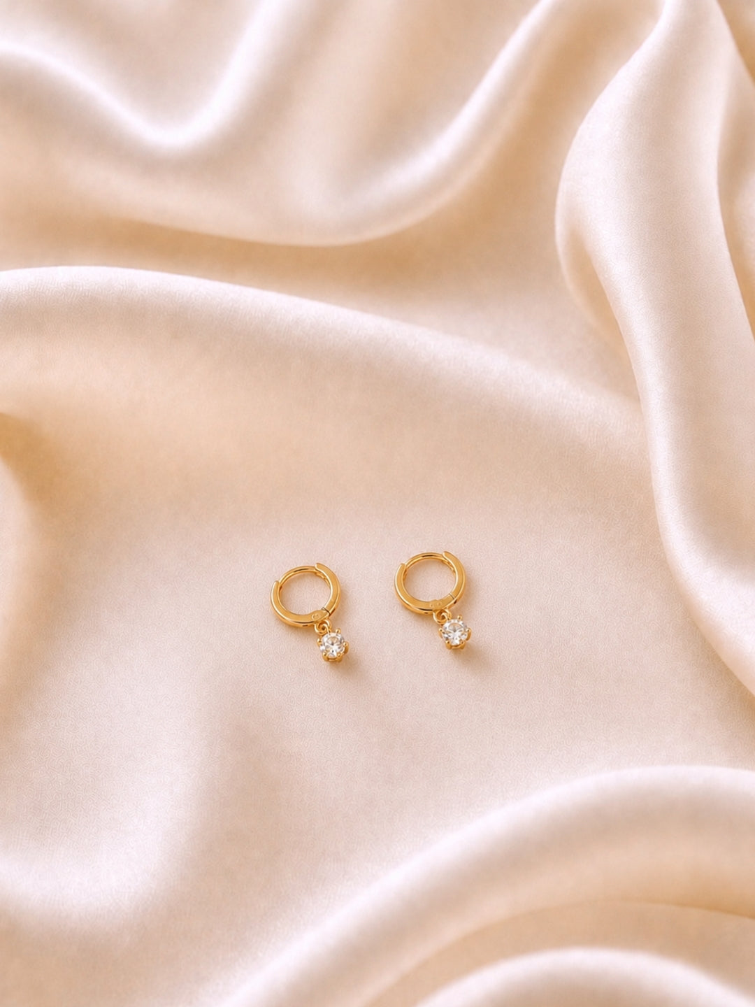 18K Rose Gold CZ Solitaire Drop Hoop Earrings | Anti Tarnish Everyday Hoops