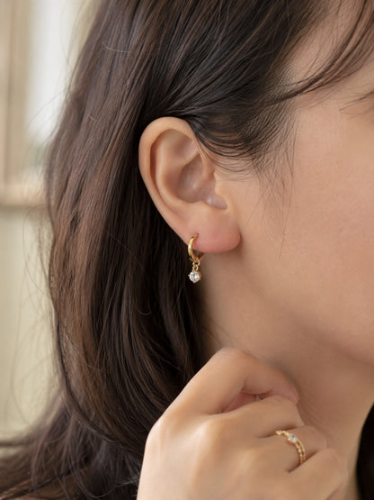 18K Rose Gold CZ Solitaire Drop Hoop Earrings | Anti Tarnish Everyday Hoops