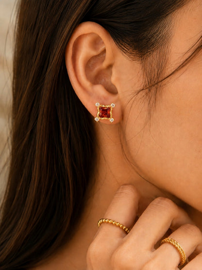 Red CZ Square Stud Earrings in 18K Gold Plated Stainless Steel