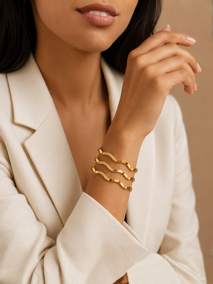 18K Gold Plated Wave Bangles Set of 3 | Anti Tarnish Stainless Steel
