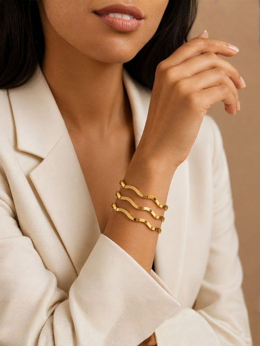 18K Gold Plated Wave Bangles Set of 3 | Anti Tarnish Stainless Steel