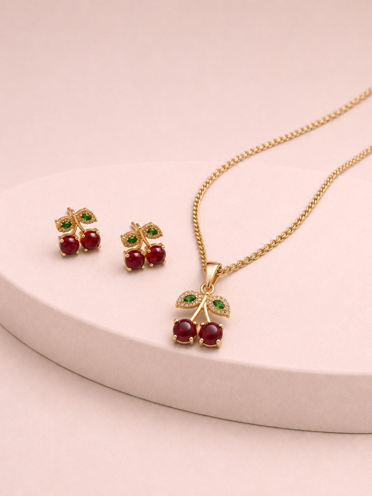Cherry Moonstone CZ Gold Jewelry Set | Anti Tarnish Necklace & Earrings