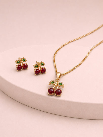 Cherry Moonstone CZ Gold Jewelry Set | Anti Tarnish Necklace & Earrings