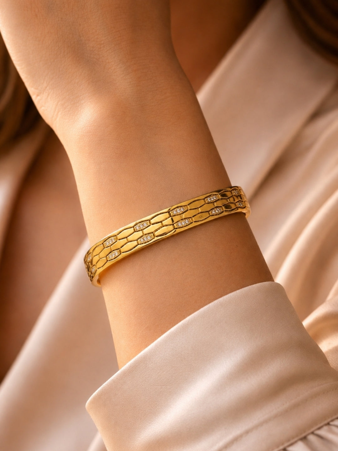 Faceted Honeycomb CZ Bangle — 18K Gold Plated Stainless Steel