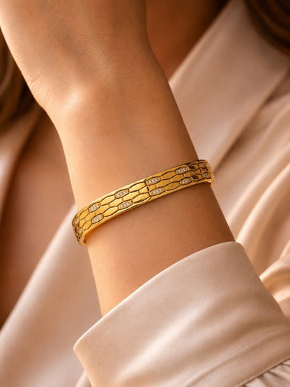 Faceted Honeycomb CZ Bangle — 18K Gold Plated Stainless Steel