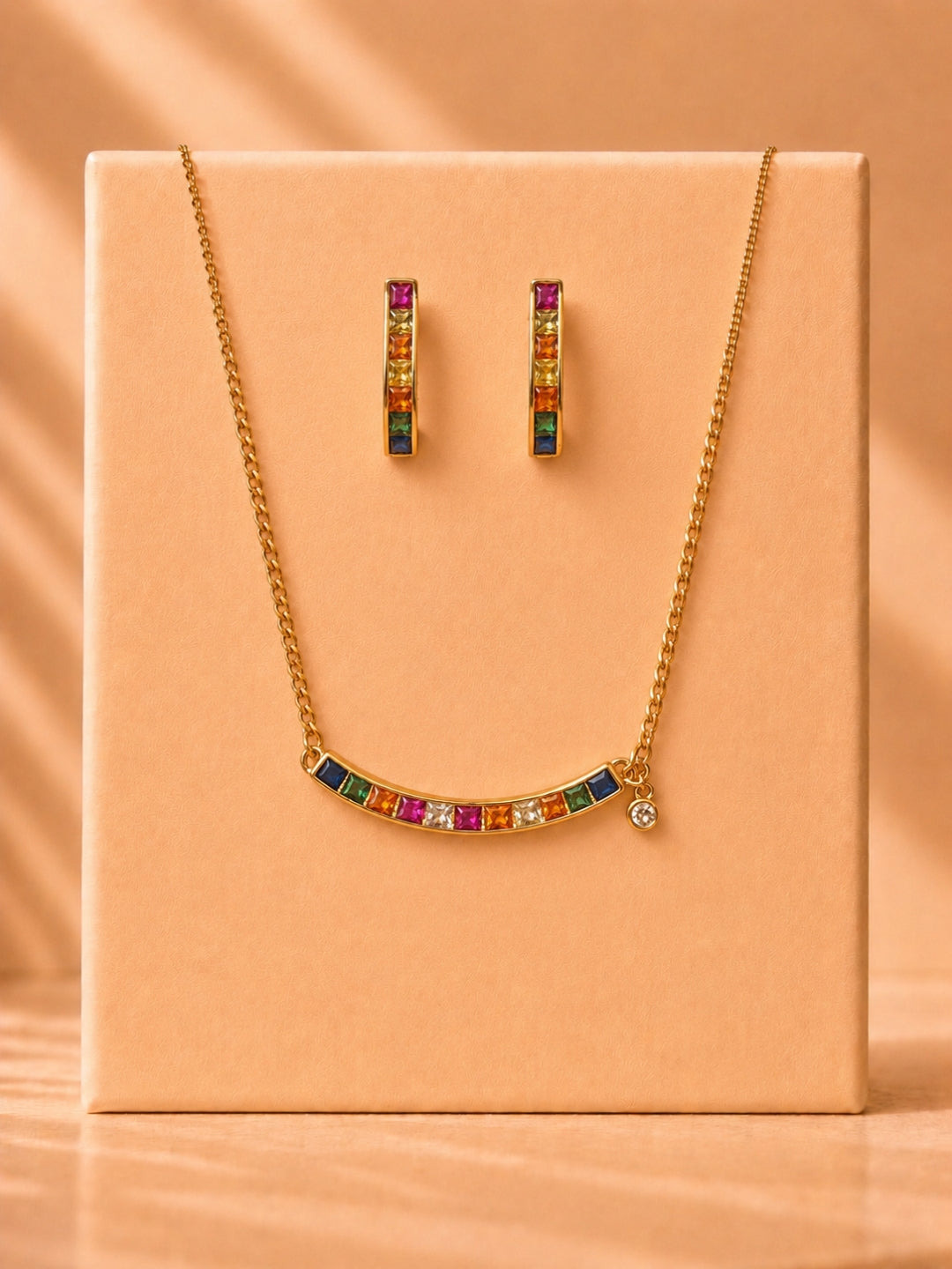 18K Gold Multicolor CZ Slab Stone Necklace Set | Anti Tarnish Jewelry