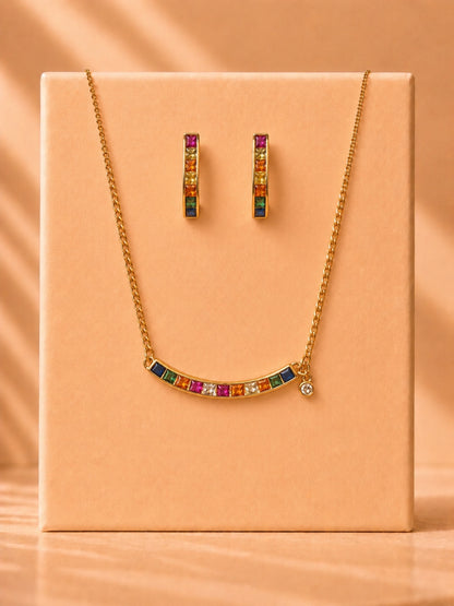 18K Gold Multicolor CZ Slab Stone Necklace Set | Anti Tarnish Jewelry