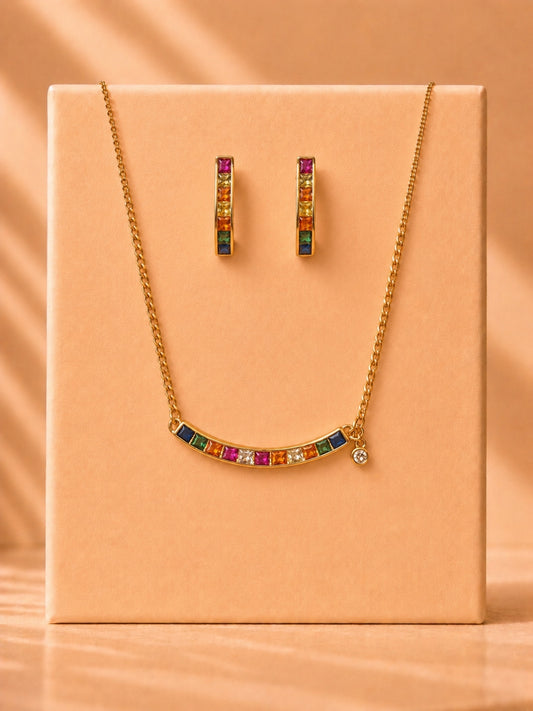 18K Gold Multicolor CZ Slab Stone Necklace Set | Anti Tarnish Jewelry
