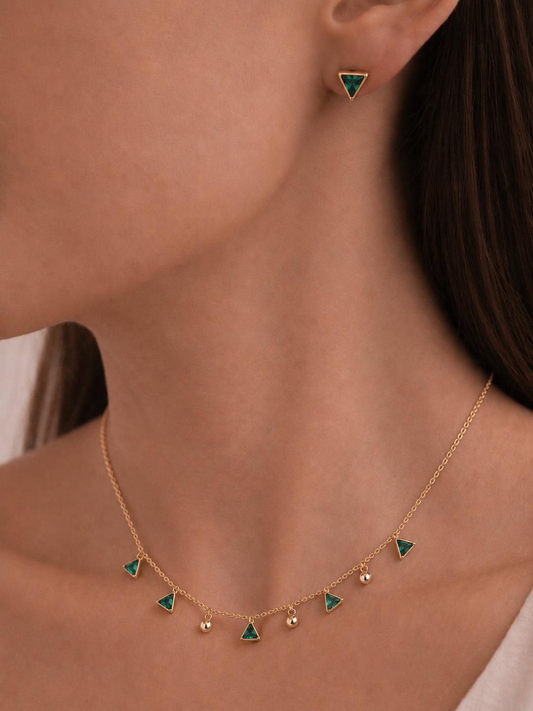 Emerald CZ Triangle Beaded Necklace & Earrings Set in 18K Gold