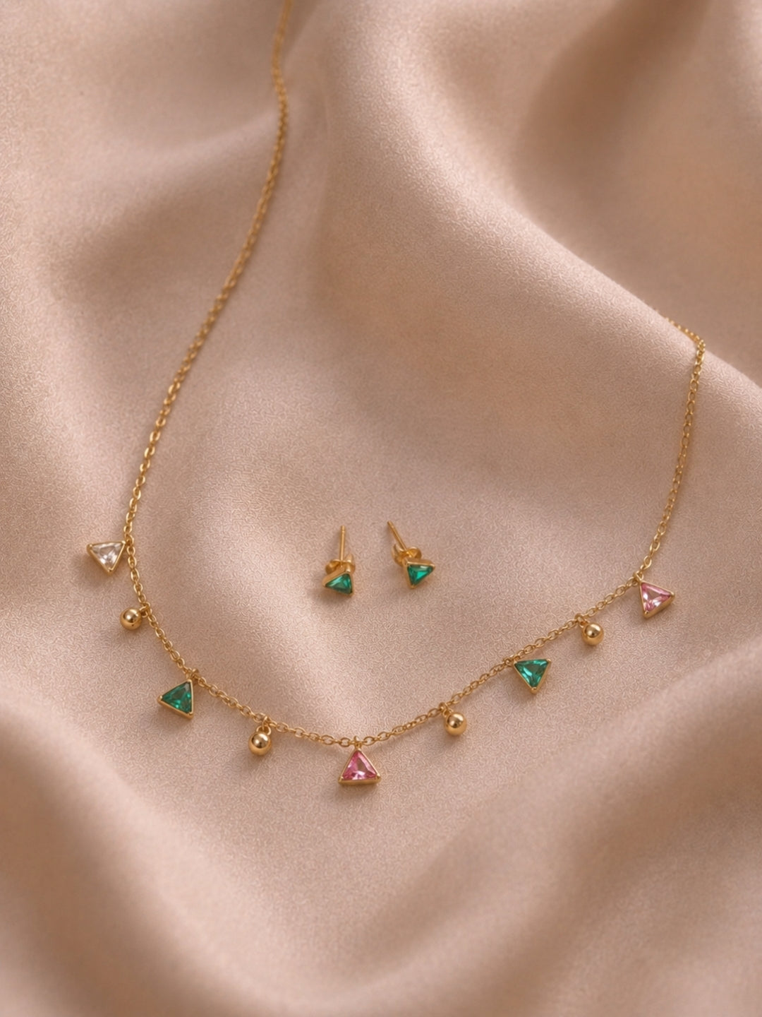 Multi Triangle Beaded CZ Jewellery Set in 18K Gold Plating