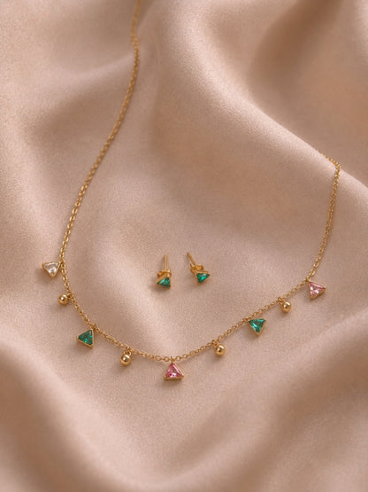 Multi Triangle Beaded CZ Jewellery Set in 18K Gold Plating