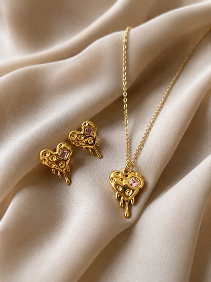 Pink CZ Sculptural Heart Necklace & Earrings Set in 18K Gold