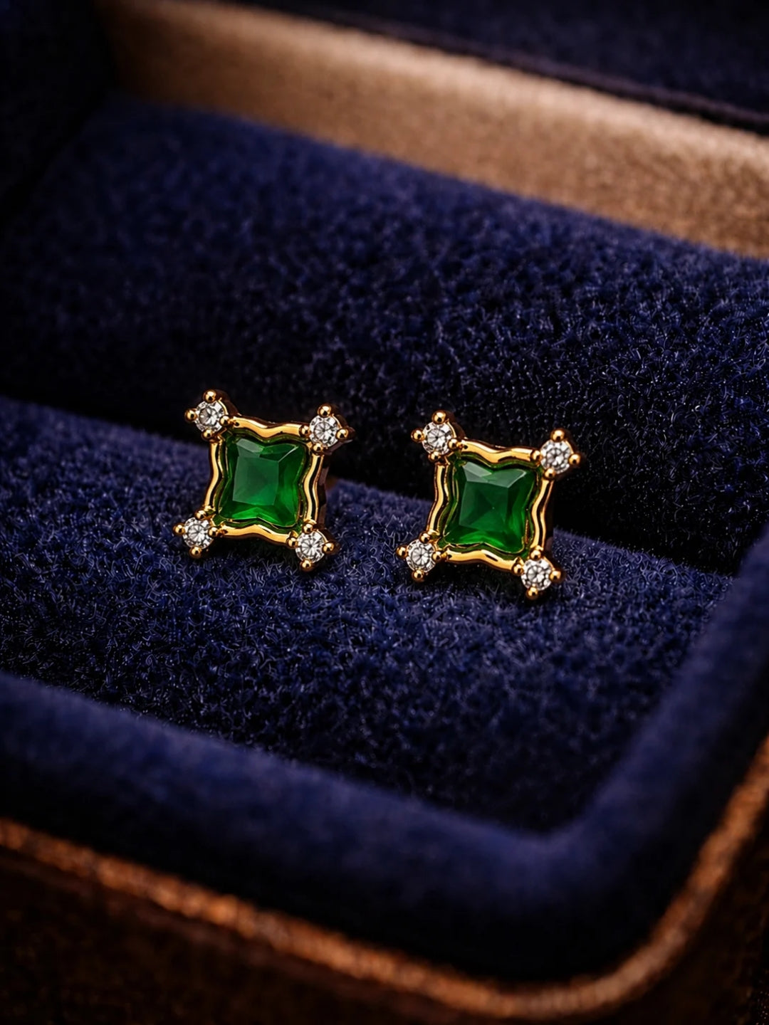 Emerald Green CZ Square Stud Earrings in 18K Gold Plating
