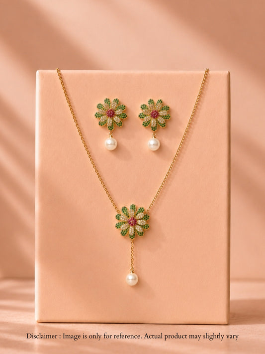Green Ruby & Pearl Floral CZ Necklace Set | 18K Gold Plated Jewelry