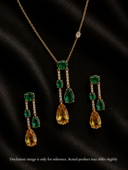 Emerald & Sapphire CZ Drop Jewelry Set | 18K Gold Plating