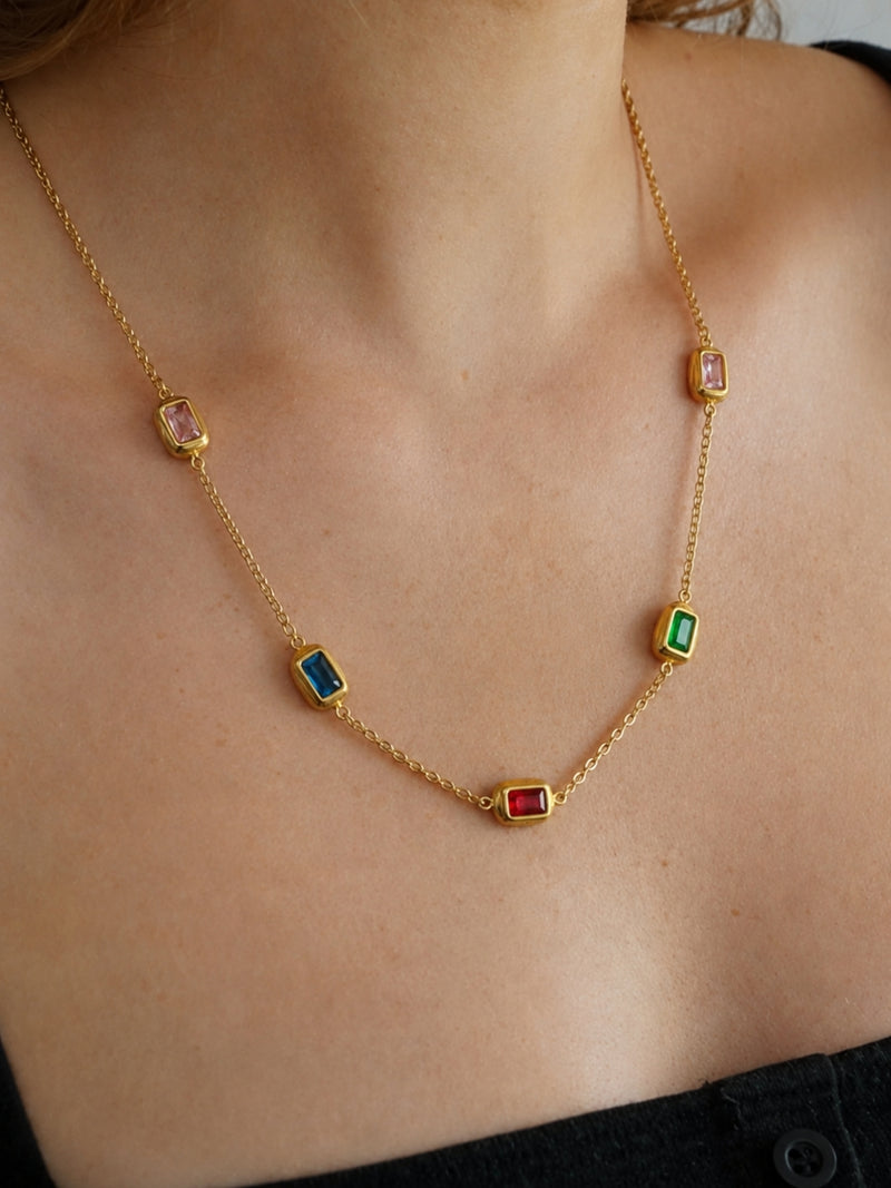 Multi Rectangle Beaded Gold Necklace | CZ Chain Neckpiece