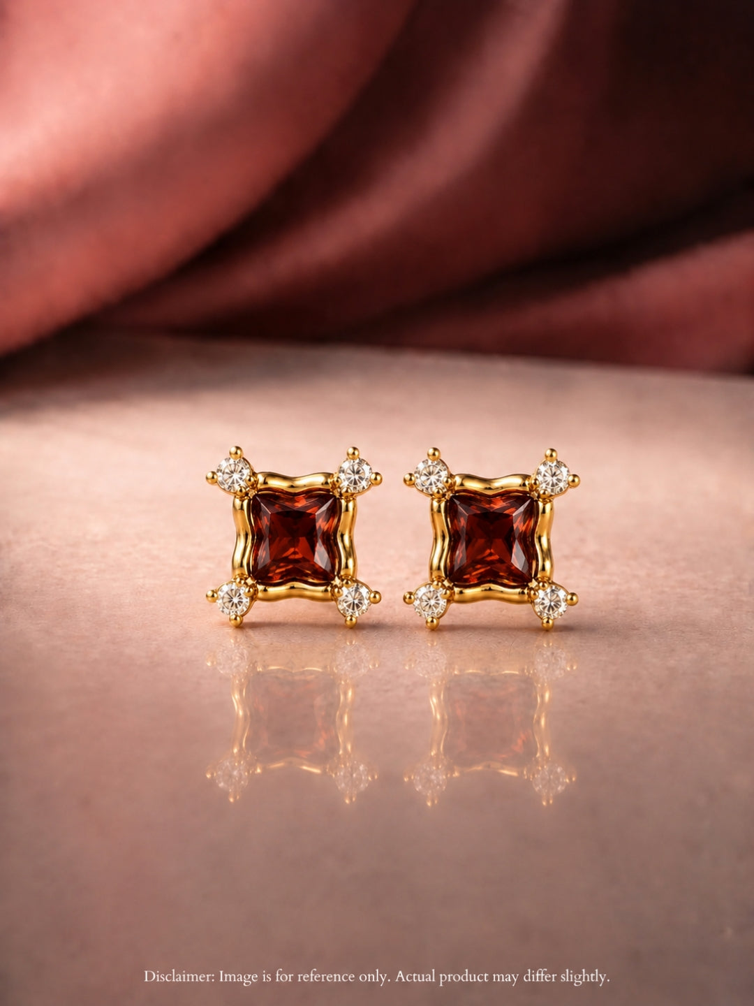 Red CZ Square Stud Earrings in 18K Gold Plated Stainless Steel