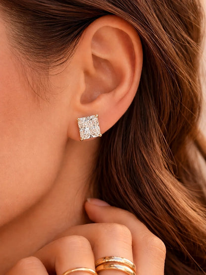 Square Solitaire Stud Earrings 8mm – 18K Gold CZ | Anti Tarnish