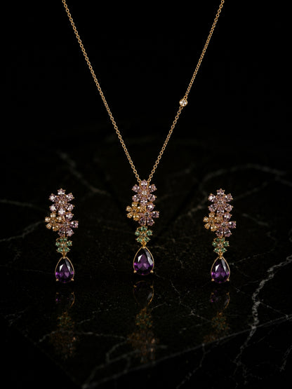Purple Floral Drop Necklace & Earrings Set | 18K Gold Plated CZ