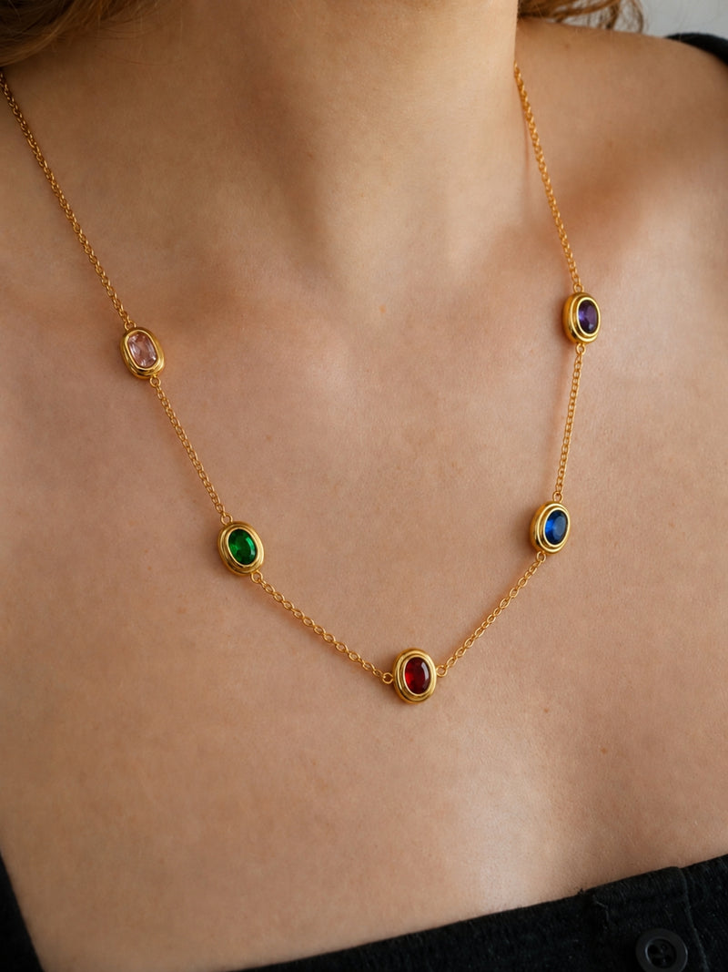 Multi Oval Beaded CZ Gold Necklace | Waterproof Layered Neckpiece