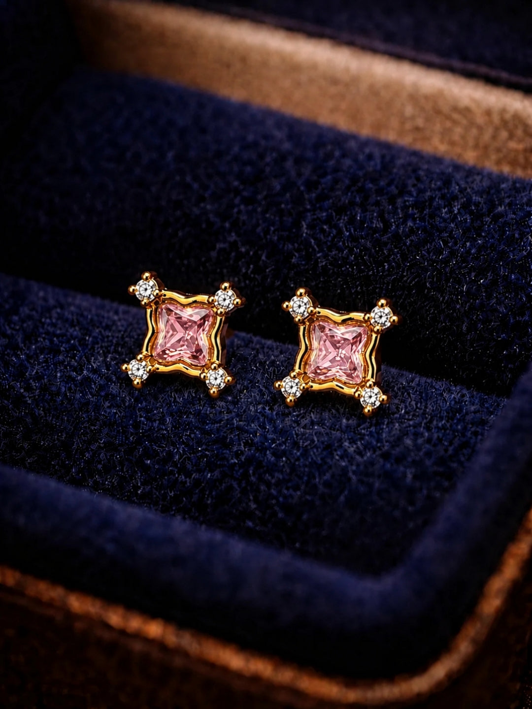Pink CZ Square Stud Earrings in 18K Gold Plated Stainless Steel