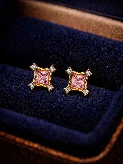 Pink CZ Square Stud Earrings in 18K Gold Plated Stainless Steel