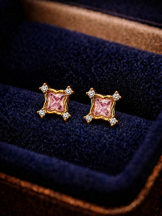 Pink CZ Square Stud Earrings in 18K Gold Plated Stainless Steel