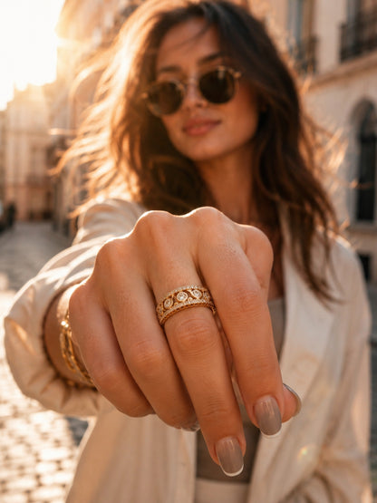 Designer Zig Zag Statement Ring – 18K Rose Gold CZ Stackable Ring