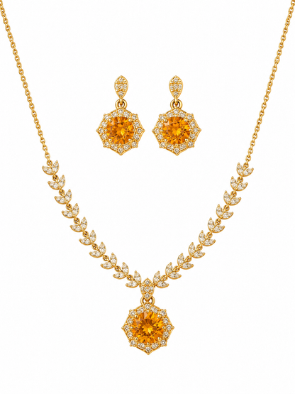 18K Gold Plated Sapphire Floral CZ Jewelry Set | Anti Tarnish Necklace