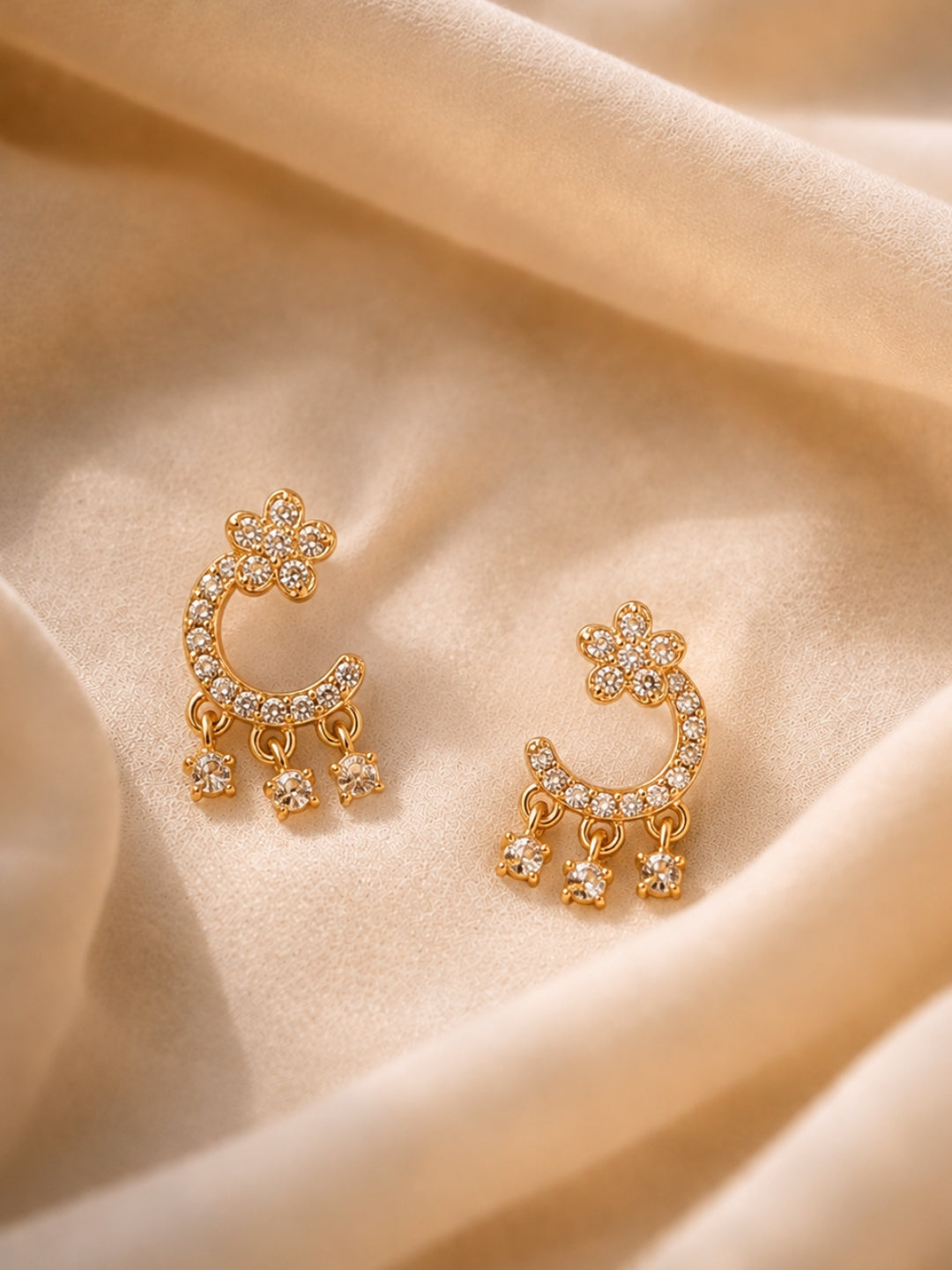 Floral Moon Hanging Stud Earrings – 18KT Rose Gold CZ