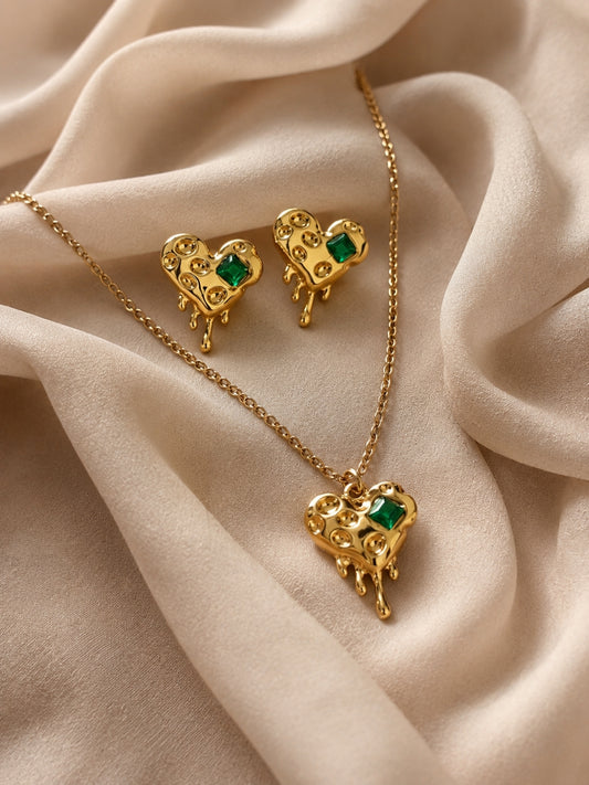 Green Heart Stone Necklace & Earrings Set in 18K Gold Finish