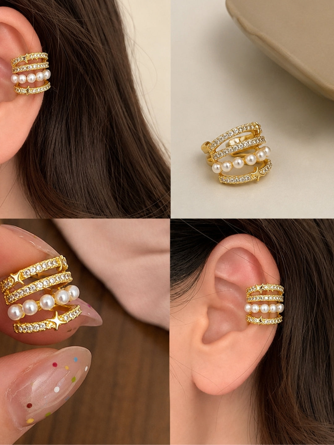 Pearl & CZ Gold Ear Cuff Clip | Anti Tarnish Ear Clip (Single)